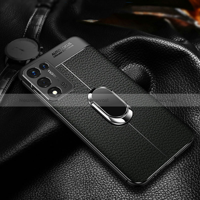 Soft Silicone Gel Leather Snap On Case Cover with Magnetic Finger Ring Stand for Realme Q3s 5G