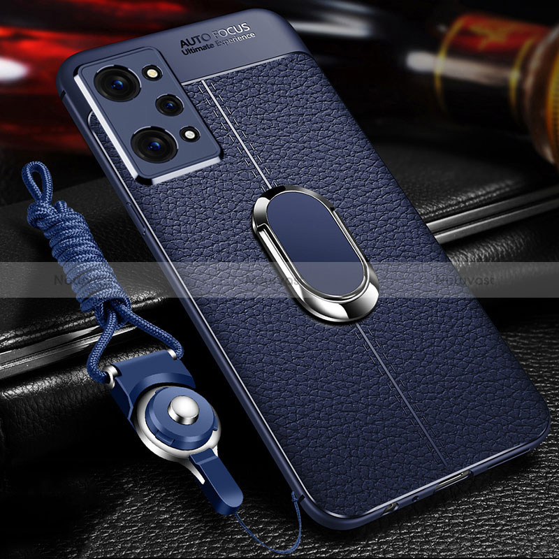 Soft Silicone Gel Leather Snap On Case Cover with Magnetic Finger Ring Stand for Realme Q5 Pro 5G Blue