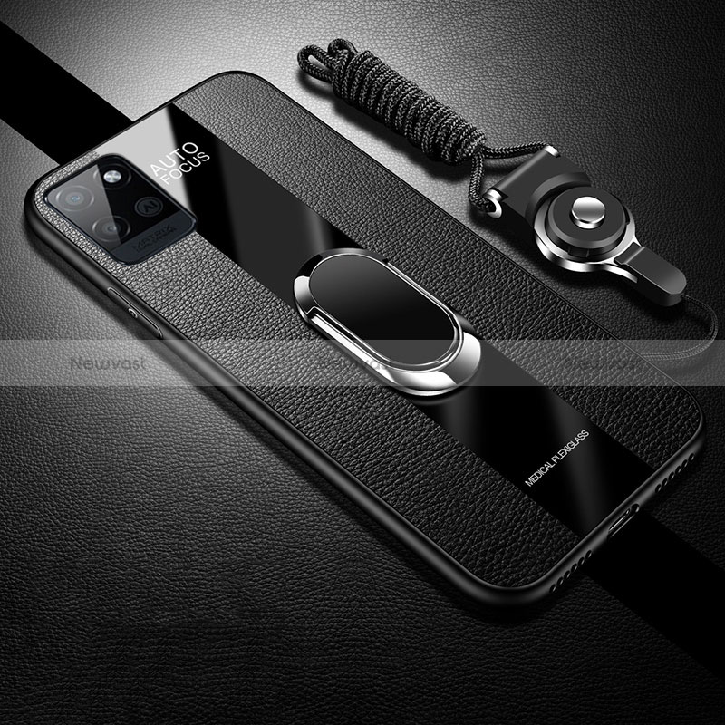 Soft Silicone Gel Leather Snap On Case Cover with Magnetic Finger Ring Stand for Realme V11 5G