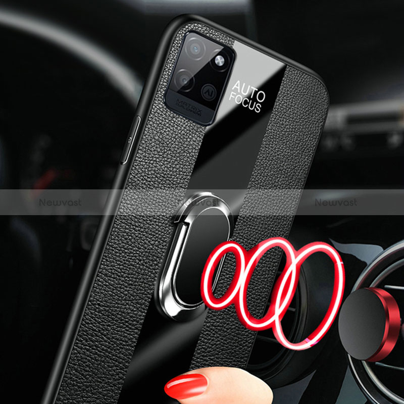 Soft Silicone Gel Leather Snap On Case Cover with Magnetic Finger Ring Stand for Realme V11 5G