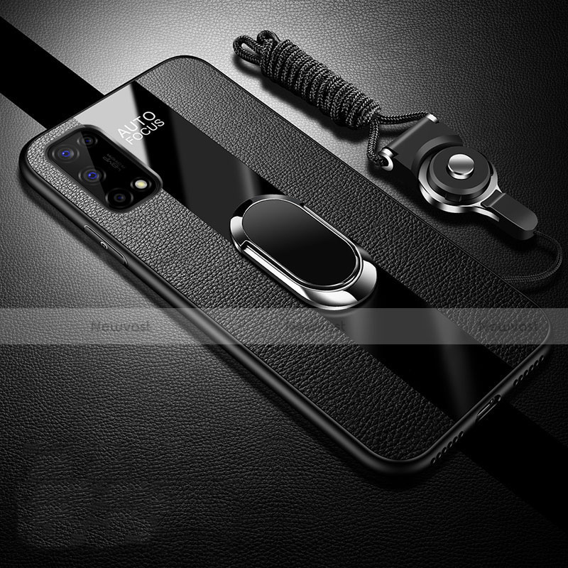 Soft Silicone Gel Leather Snap On Case Cover with Magnetic Finger Ring Stand for Realme V15 5G Black