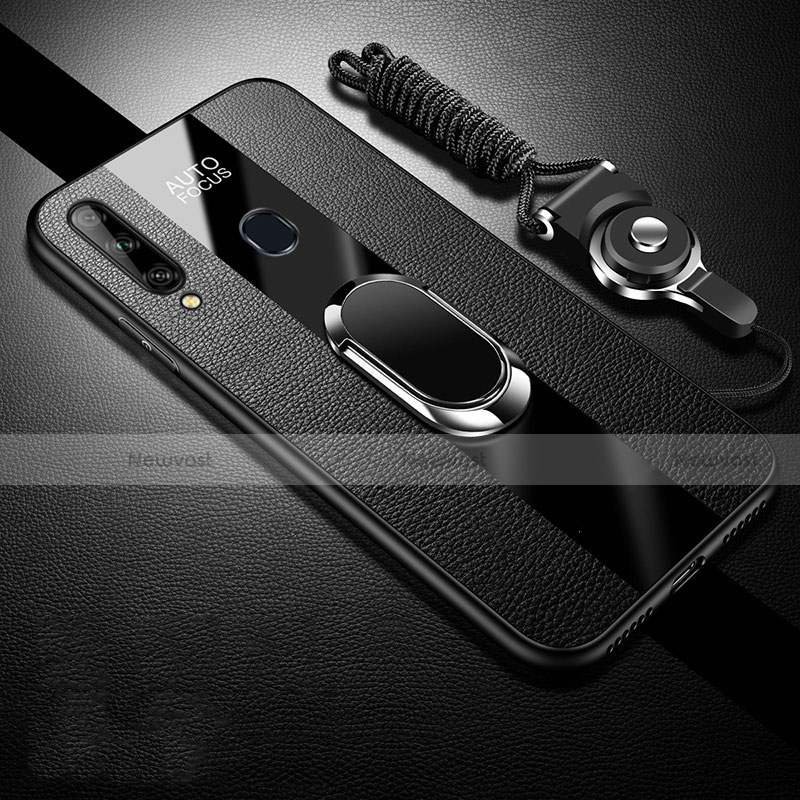 Soft Silicone Gel Leather Snap On Case Cover with Magnetic Finger Ring Stand for Samsung Galaxy A20s Black