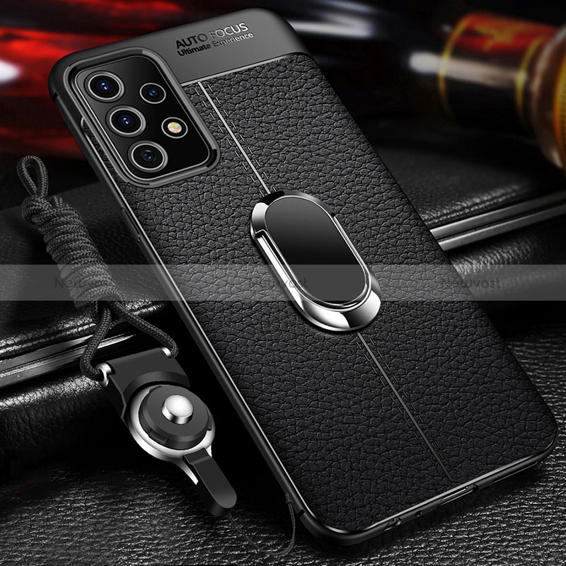 Soft Silicone Gel Leather Snap On Case Cover with Magnetic Finger Ring Stand for Samsung Galaxy A32 4G Black