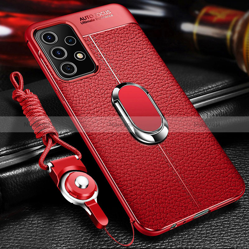 Soft Silicone Gel Leather Snap On Case Cover with Magnetic Finger Ring Stand for Samsung Galaxy A32 4G Red