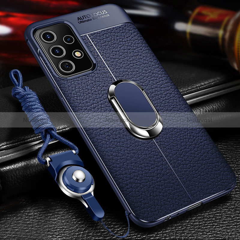 Soft Silicone Gel Leather Snap On Case Cover with Magnetic Finger Ring Stand for Samsung Galaxy A52 4G Blue
