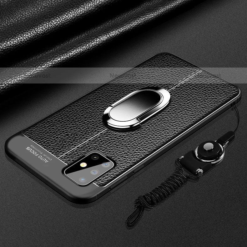 Soft Silicone Gel Leather Snap On Case Cover with Magnetic Finger Ring Stand for Samsung Galaxy A71 4G A715 Black