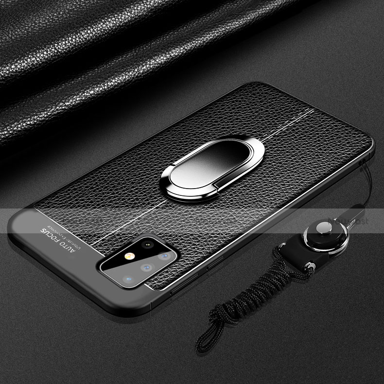 Soft Silicone Gel Leather Snap On Case Cover with Magnetic Finger Ring Stand for Samsung Galaxy A71 5G Black