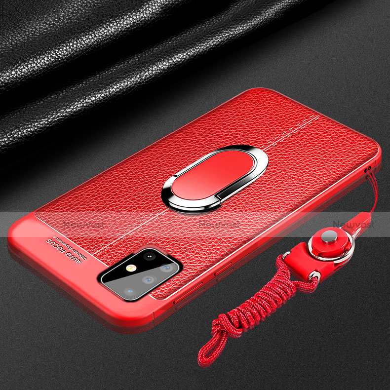 Soft Silicone Gel Leather Snap On Case Cover with Magnetic Finger Ring Stand for Samsung Galaxy A71 5G Red