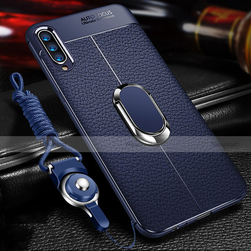 Soft Silicone Gel Leather Snap On Case Cover with Magnetic Finger Ring Stand for Samsung Galaxy A90 5G Blue