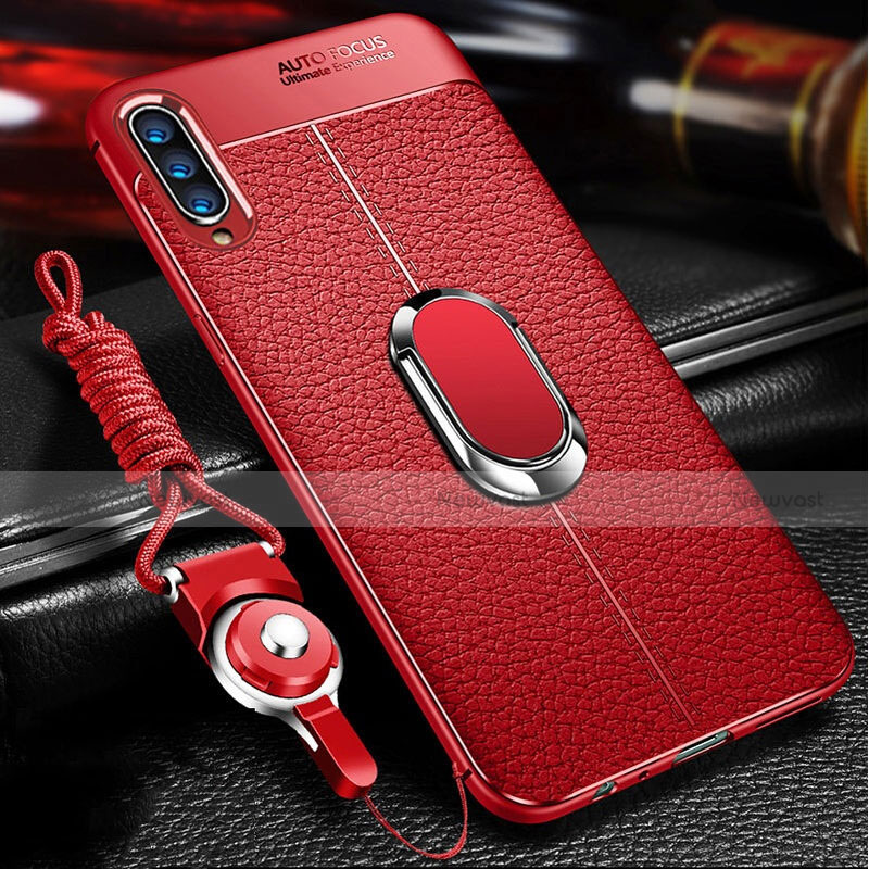 Soft Silicone Gel Leather Snap On Case Cover with Magnetic Finger Ring Stand for Samsung Galaxy A90 5G Red