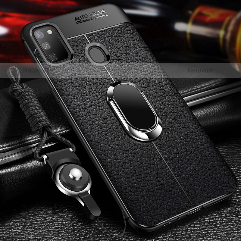Soft Silicone Gel Leather Snap On Case Cover with Magnetic Finger Ring Stand for Samsung Galaxy M30s Black