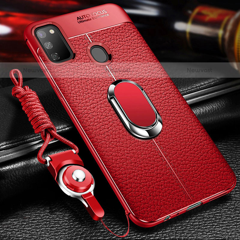 Soft Silicone Gel Leather Snap On Case Cover with Magnetic Finger Ring Stand for Samsung Galaxy M30s Red