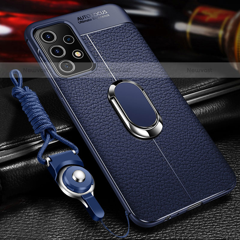 Soft Silicone Gel Leather Snap On Case Cover with Magnetic Finger Ring Stand for Samsung Galaxy M32 5G Blue