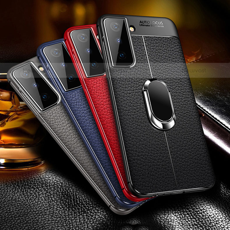 Soft Silicone Gel Leather Snap On Case Cover with Magnetic Finger Ring Stand for Samsung Galaxy S21 Plus 5G