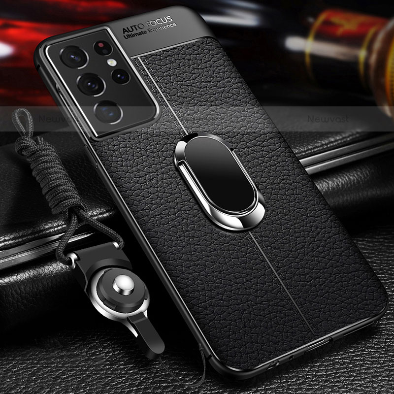 Soft Silicone Gel Leather Snap On Case Cover with Magnetic Finger Ring Stand for Samsung Galaxy S21 Ultra 5G Black