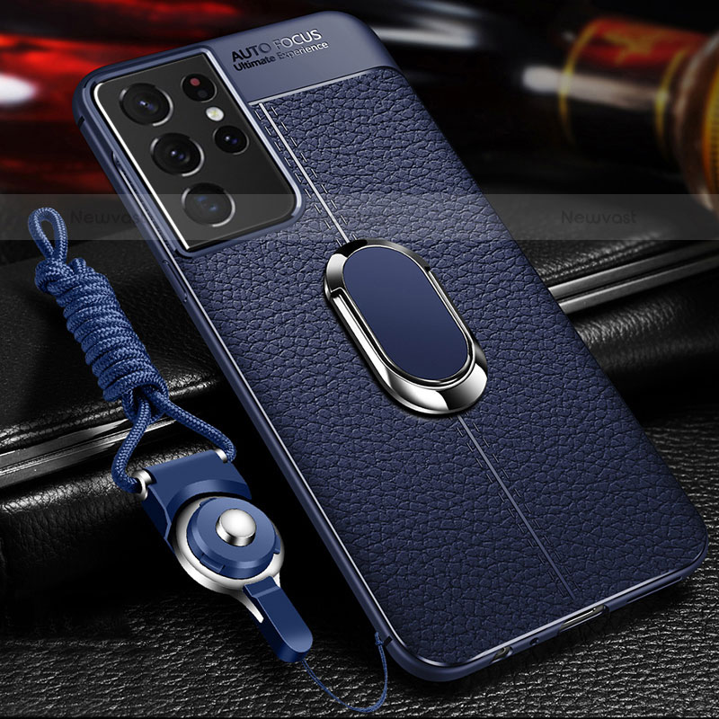 Soft Silicone Gel Leather Snap On Case Cover with Magnetic Finger Ring Stand for Samsung Galaxy S23 Ultra 5G