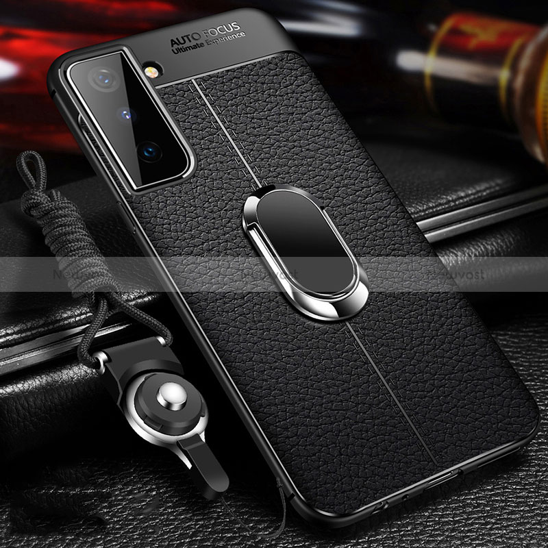 Soft Silicone Gel Leather Snap On Case Cover with Magnetic Finger Ring Stand for Samsung Galaxy S24 5G Black