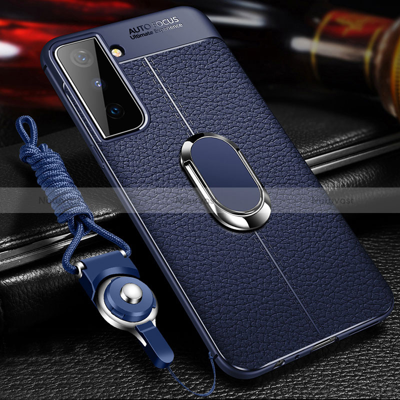 Soft Silicone Gel Leather Snap On Case Cover with Magnetic Finger Ring Stand for Samsung Galaxy S24 5G Blue