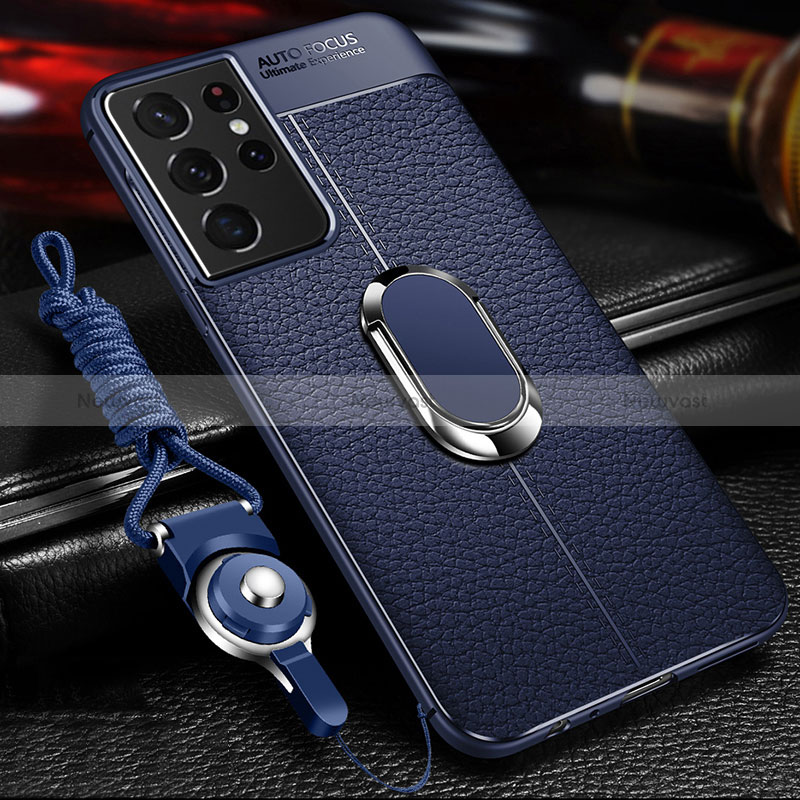 Soft Silicone Gel Leather Snap On Case Cover with Magnetic Finger Ring Stand for Samsung Galaxy S24 Ultra 5G