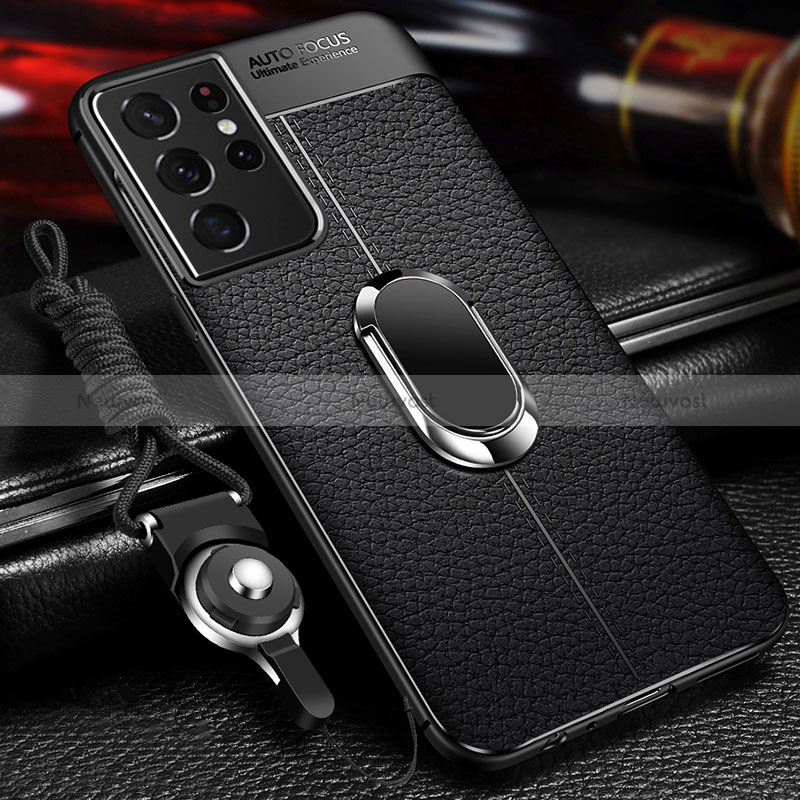 Soft Silicone Gel Leather Snap On Case Cover with Magnetic Finger Ring Stand for Samsung Galaxy S24 Ultra 5G