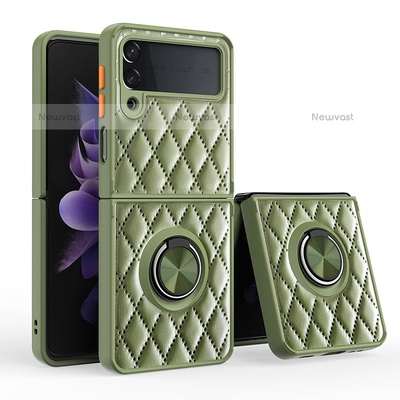 Soft Silicone Gel Leather Snap On Case Cover with Magnetic Finger Ring Stand for Samsung Galaxy Z Flip3 5G