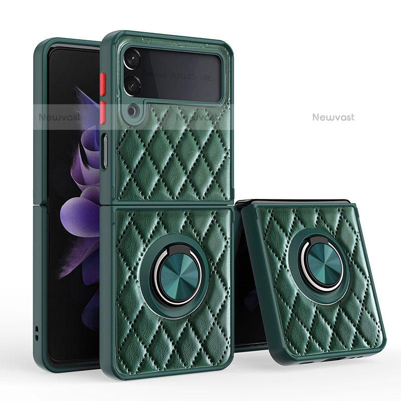 Soft Silicone Gel Leather Snap On Case Cover with Magnetic Finger Ring Stand for Samsung Galaxy Z Flip3 5G