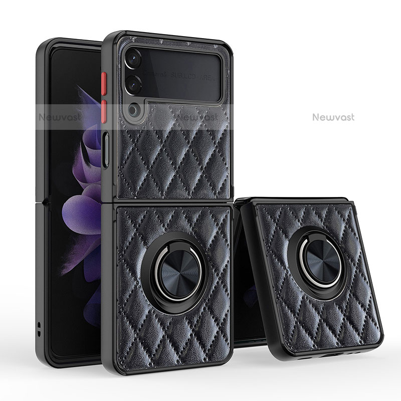Soft Silicone Gel Leather Snap On Case Cover with Magnetic Finger Ring Stand for Samsung Galaxy Z Flip3 5G Black