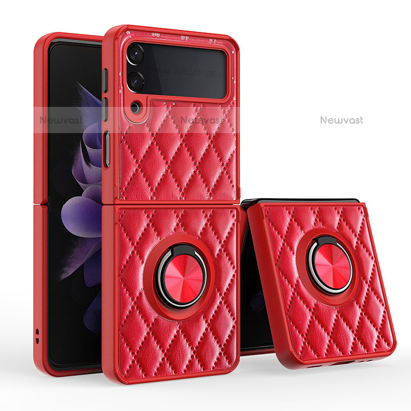 Soft Silicone Gel Leather Snap On Case Cover with Magnetic Finger Ring Stand for Samsung Galaxy Z Flip3 5G Red