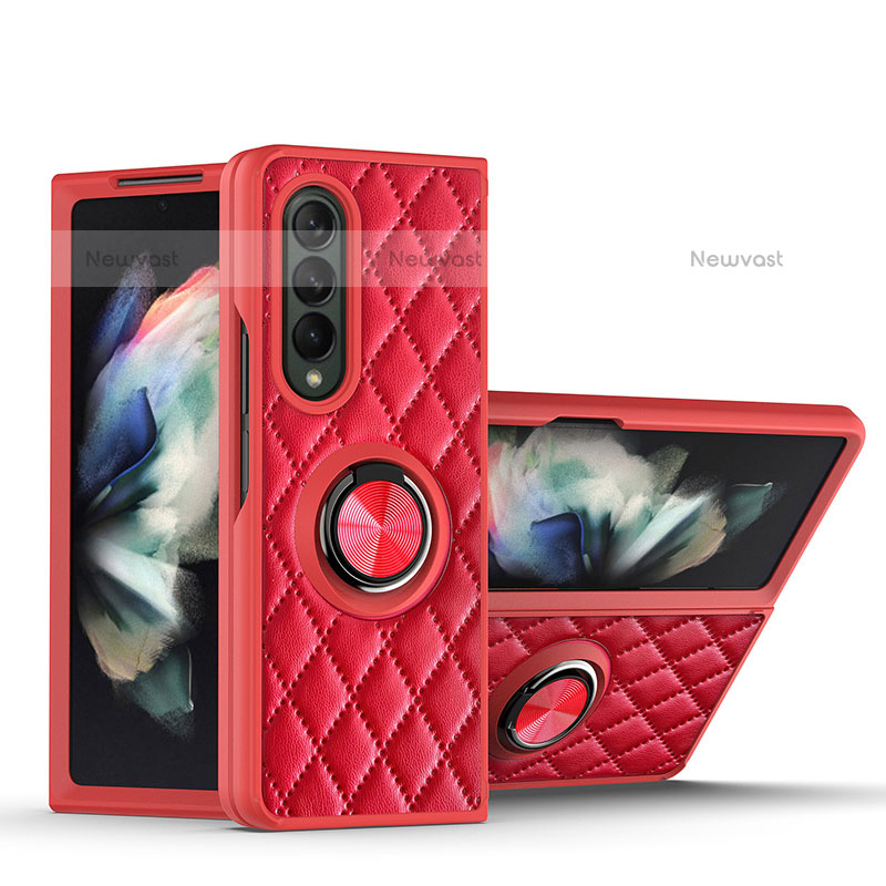 Soft Silicone Gel Leather Snap On Case Cover with Magnetic Finger Ring Stand for Samsung Galaxy Z Fold3 5G Red