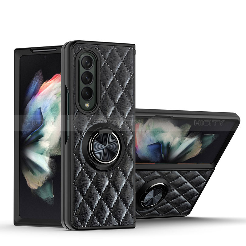 Soft Silicone Gel Leather Snap On Case Cover with Magnetic Finger Ring Stand for Samsung Galaxy Z Fold4 5G