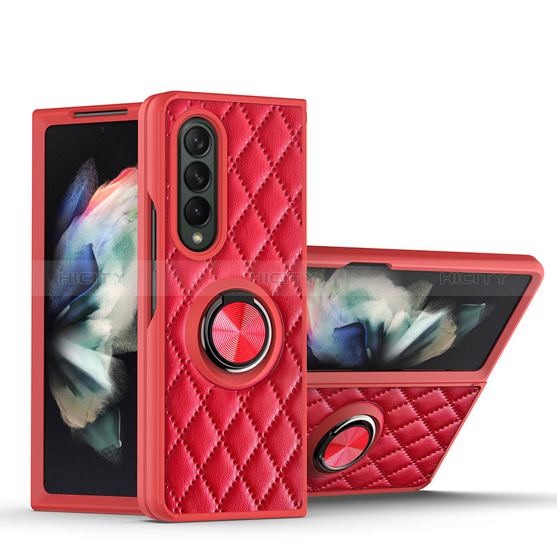 Soft Silicone Gel Leather Snap On Case Cover with Magnetic Finger Ring Stand for Samsung Galaxy Z Fold4 5G