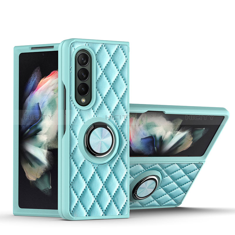 Soft Silicone Gel Leather Snap On Case Cover with Magnetic Finger Ring Stand for Samsung Galaxy Z Fold4 5G Mint Blue