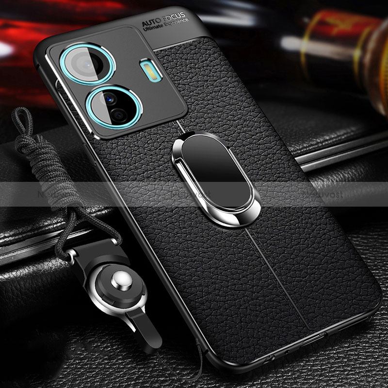 Soft Silicone Gel Leather Snap On Case Cover with Magnetic Finger Ring Stand for Vivo T1 5G Black