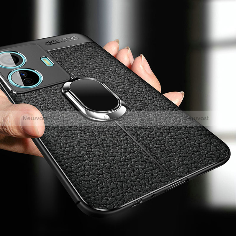 Soft Silicone Gel Leather Snap On Case Cover with Magnetic Finger Ring Stand for Vivo T1 Pro 5G