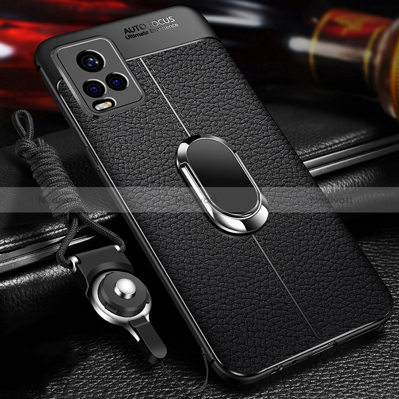 Soft Silicone Gel Leather Snap On Case Cover with Magnetic Finger Ring Stand for Vivo V21e 4G Black