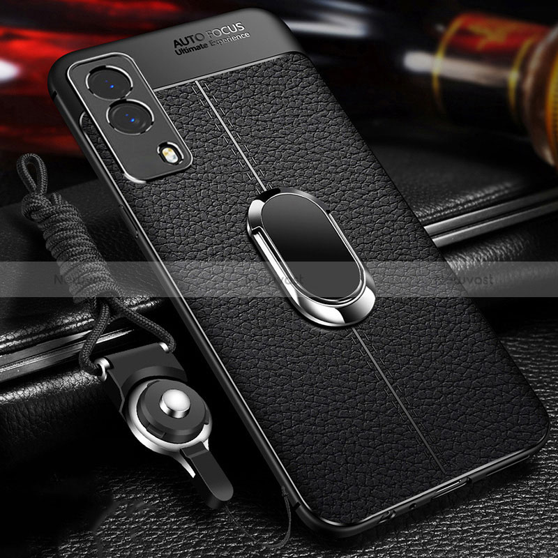 Soft Silicone Gel Leather Snap On Case Cover with Magnetic Finger Ring Stand for Vivo V21e 5G Black