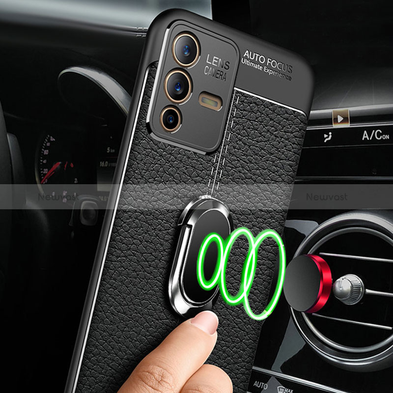 Soft Silicone Gel Leather Snap On Case Cover with Magnetic Finger Ring Stand for Vivo V23 Pro 5G