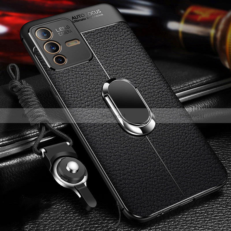 Soft Silicone Gel Leather Snap On Case Cover with Magnetic Finger Ring Stand for Vivo V23 Pro 5G Black