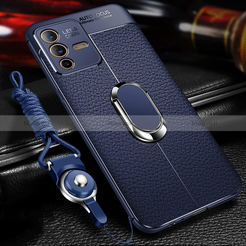 Soft Silicone Gel Leather Snap On Case Cover with Magnetic Finger Ring Stand for Vivo V23 Pro 5G Blue