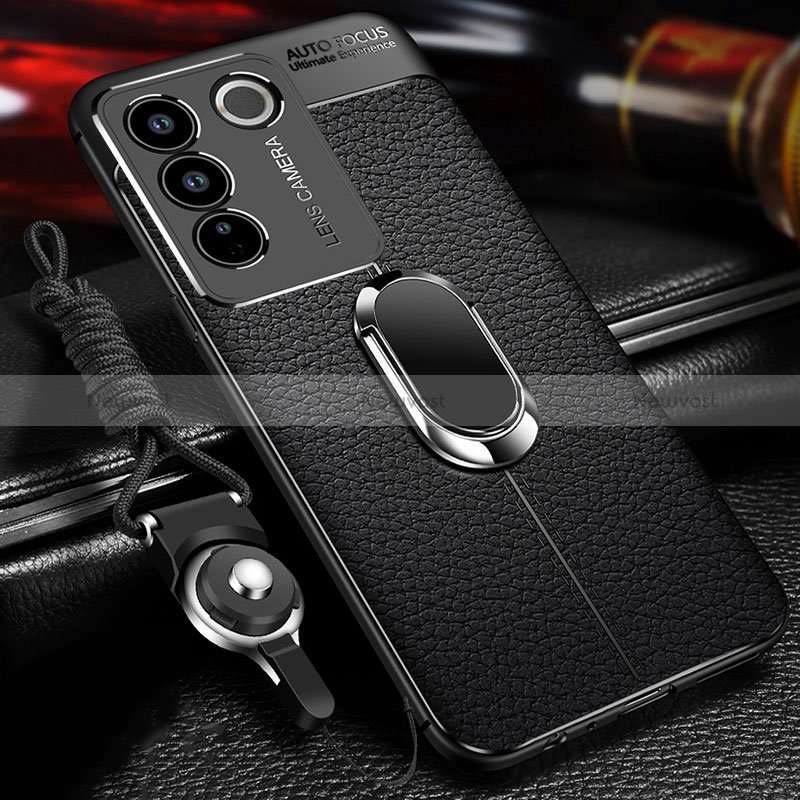 Soft Silicone Gel Leather Snap On Case Cover with Magnetic Finger Ring Stand for Vivo V27 5G Black