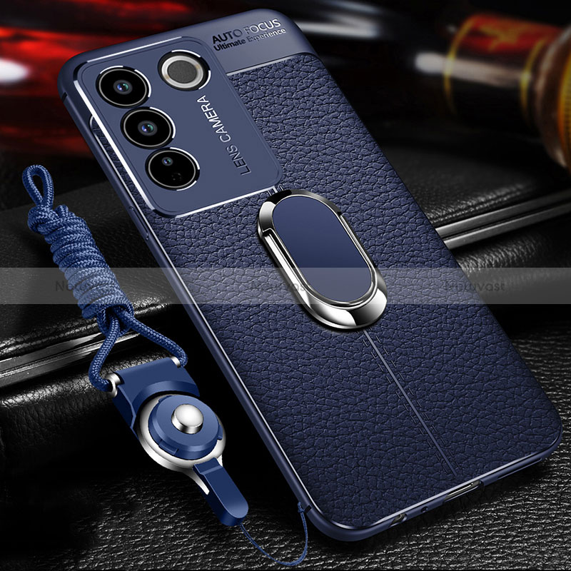 Soft Silicone Gel Leather Snap On Case Cover with Magnetic Finger Ring Stand for Vivo V27e 5G Blue