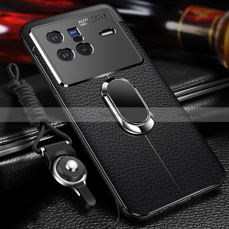 Soft Silicone Gel Leather Snap On Case Cover with Magnetic Finger Ring Stand for Vivo X80 5G