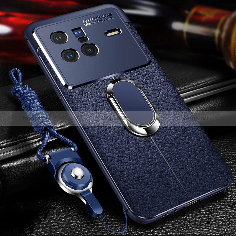 Soft Silicone Gel Leather Snap On Case Cover with Magnetic Finger Ring Stand for Vivo X80 5G