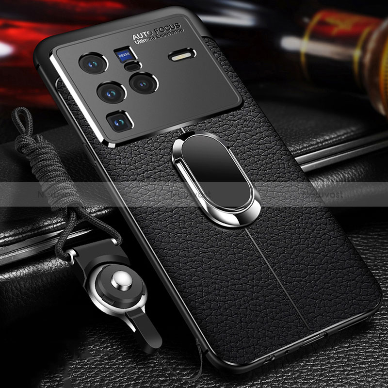 Soft Silicone Gel Leather Snap On Case Cover with Magnetic Finger Ring Stand for Vivo X80 Pro 5G Black