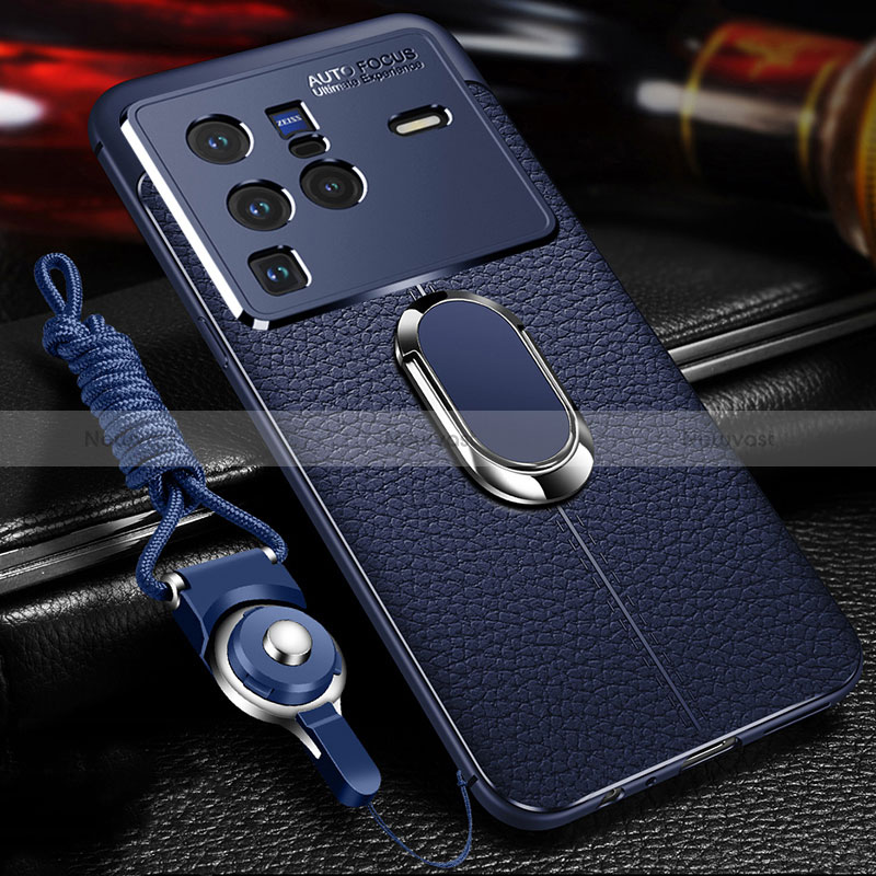 Soft Silicone Gel Leather Snap On Case Cover with Magnetic Finger Ring Stand for Vivo X80 Pro 5G Blue