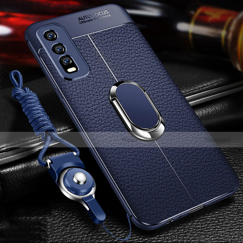 Soft Silicone Gel Leather Snap On Case Cover with Magnetic Finger Ring Stand for Vivo Y20s Blue