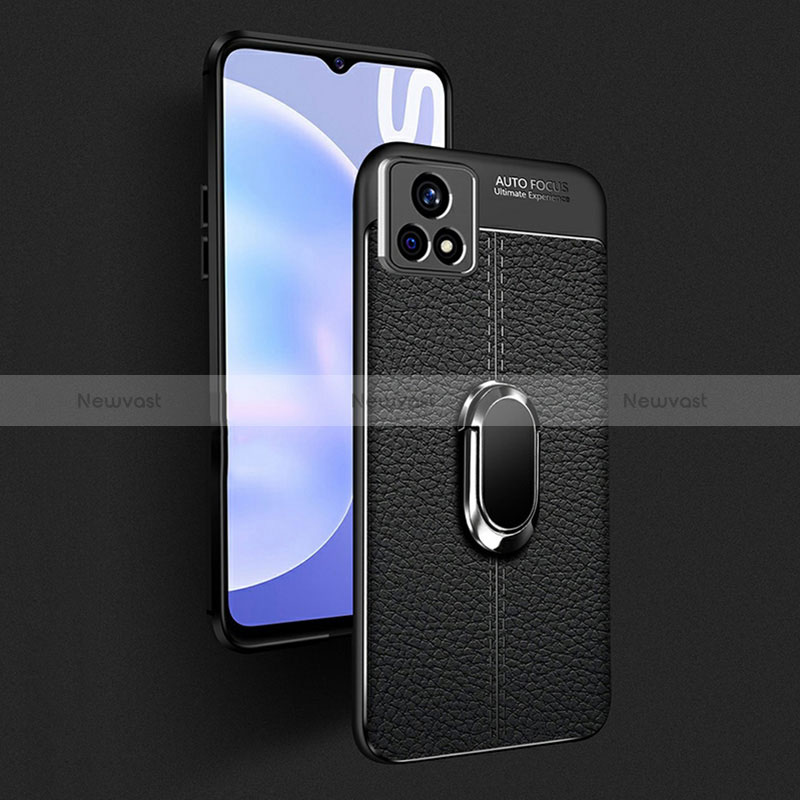 Soft Silicone Gel Leather Snap On Case Cover with Magnetic Finger Ring Stand for Vivo Y31s 5G