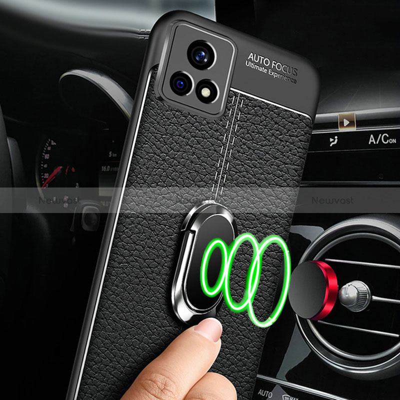 Soft Silicone Gel Leather Snap On Case Cover with Magnetic Finger Ring Stand for Vivo Y31s 5G