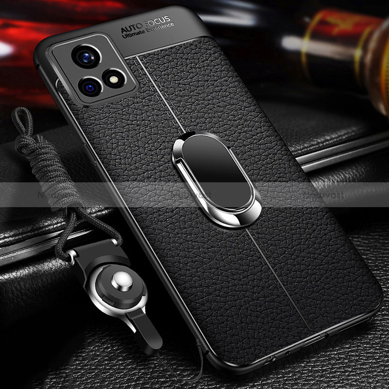 Soft Silicone Gel Leather Snap On Case Cover with Magnetic Finger Ring Stand for Vivo Y31s 5G Black