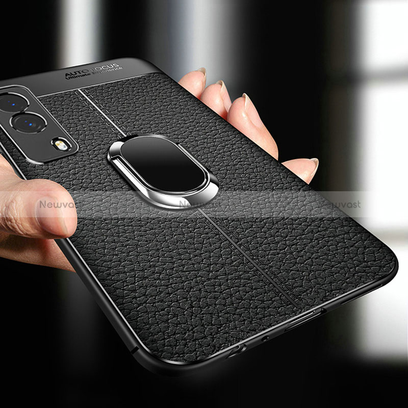 Soft Silicone Gel Leather Snap On Case Cover with Magnetic Finger Ring Stand for Vivo Y53s 5G